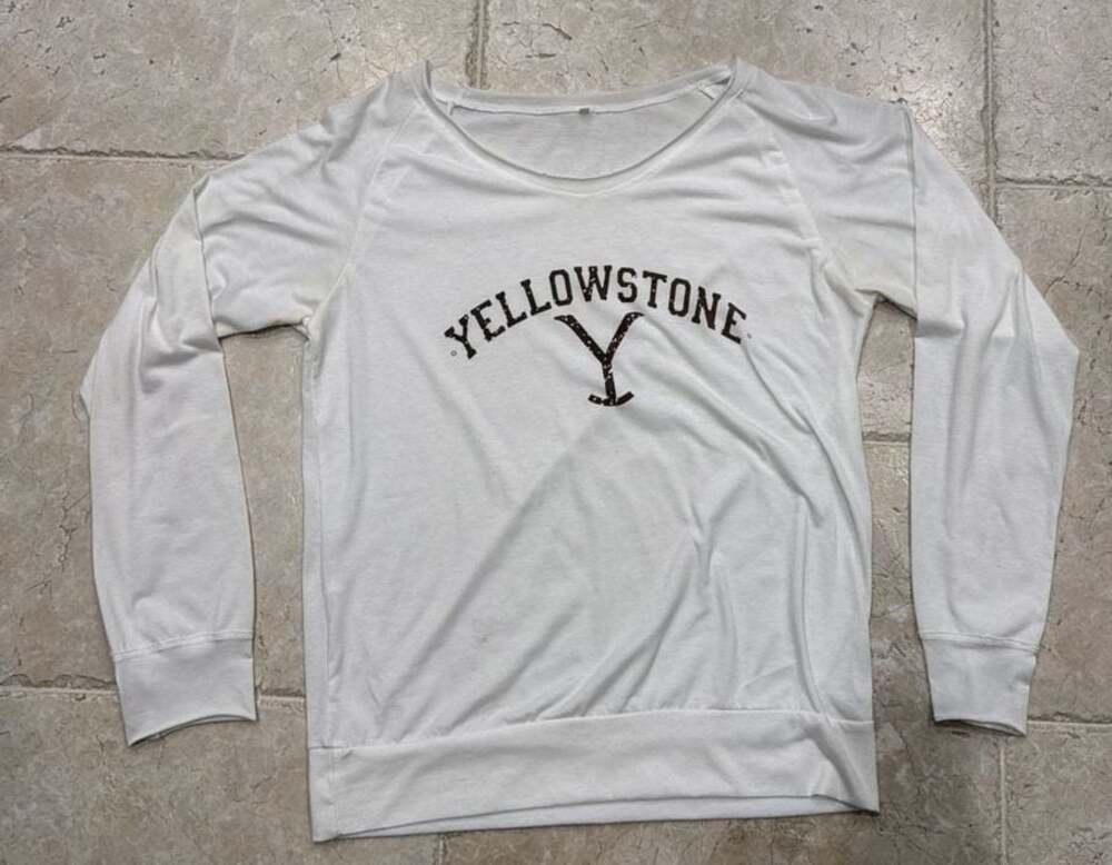 Yellowstone Dutton Ranch Logo White Off-the-Shoulder Long Sleeve Sweatshirt